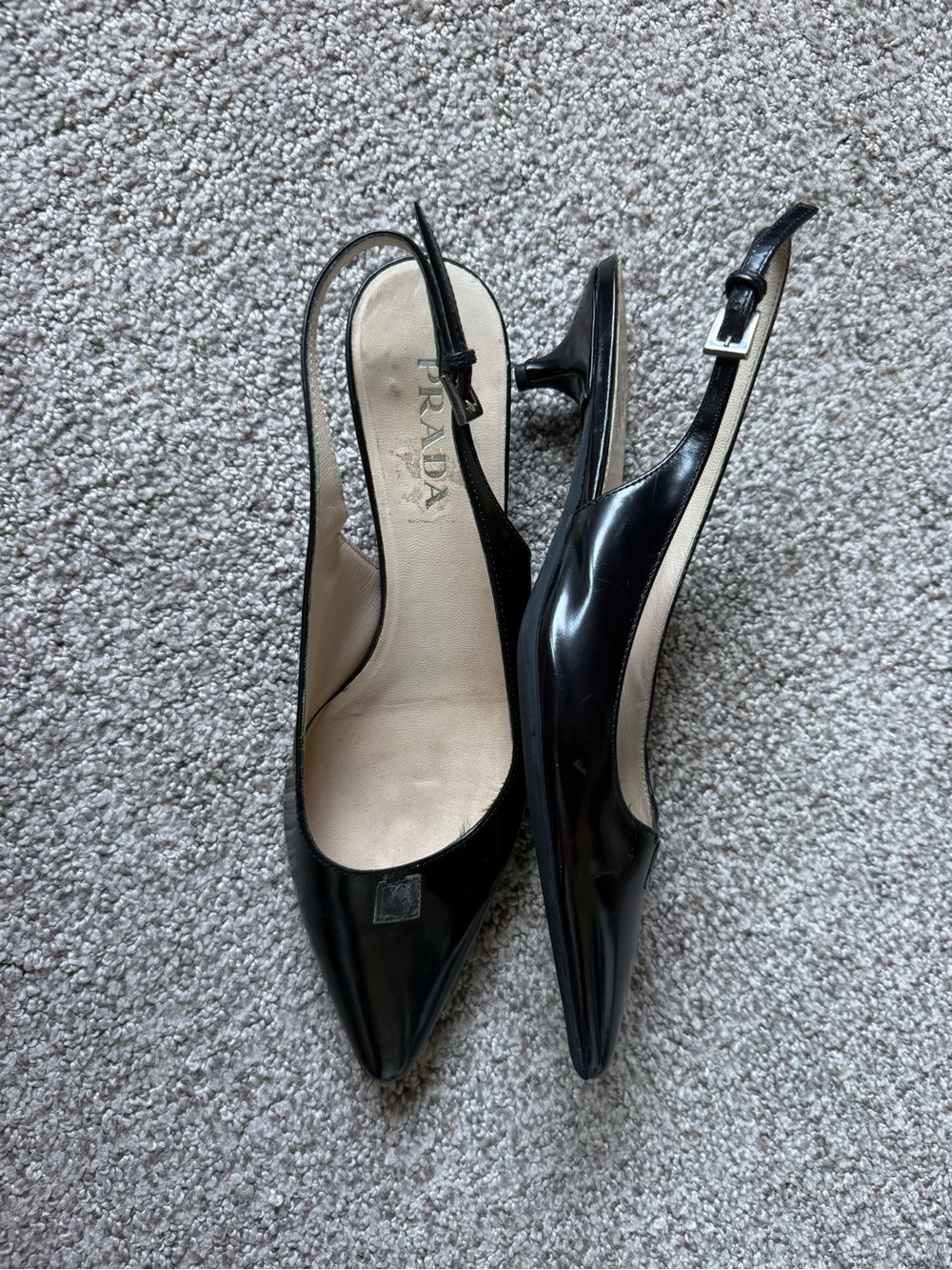 Vintage Prada Black Patent Leather Slingback Pointed Toe Kitten Heels 35.5
